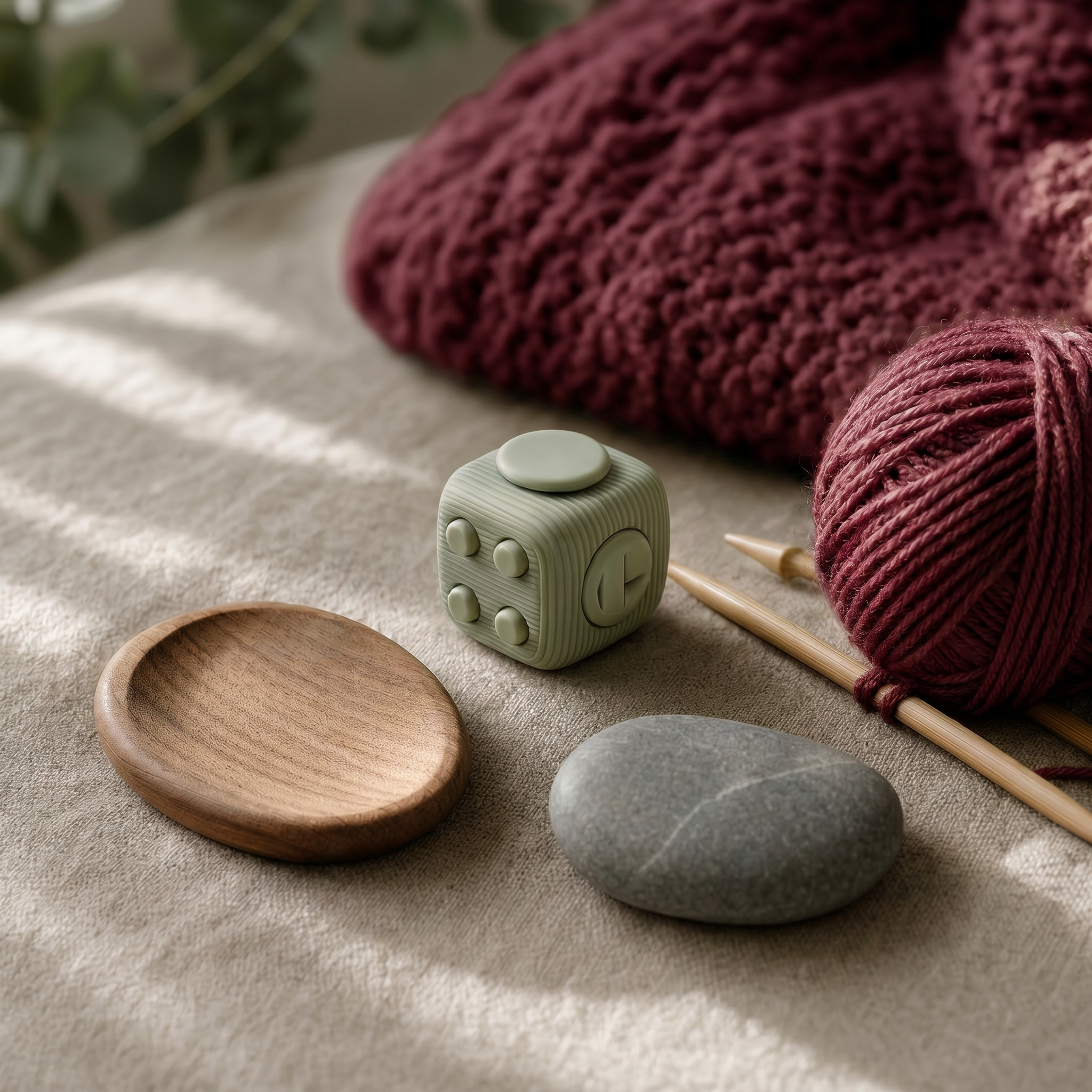 A still life on soft linen: a small sage fidget cube, a smooth river stone, a wooden bowl, a ball of maroon yarn with bamboo knitting needles, and a maroon knit throw
