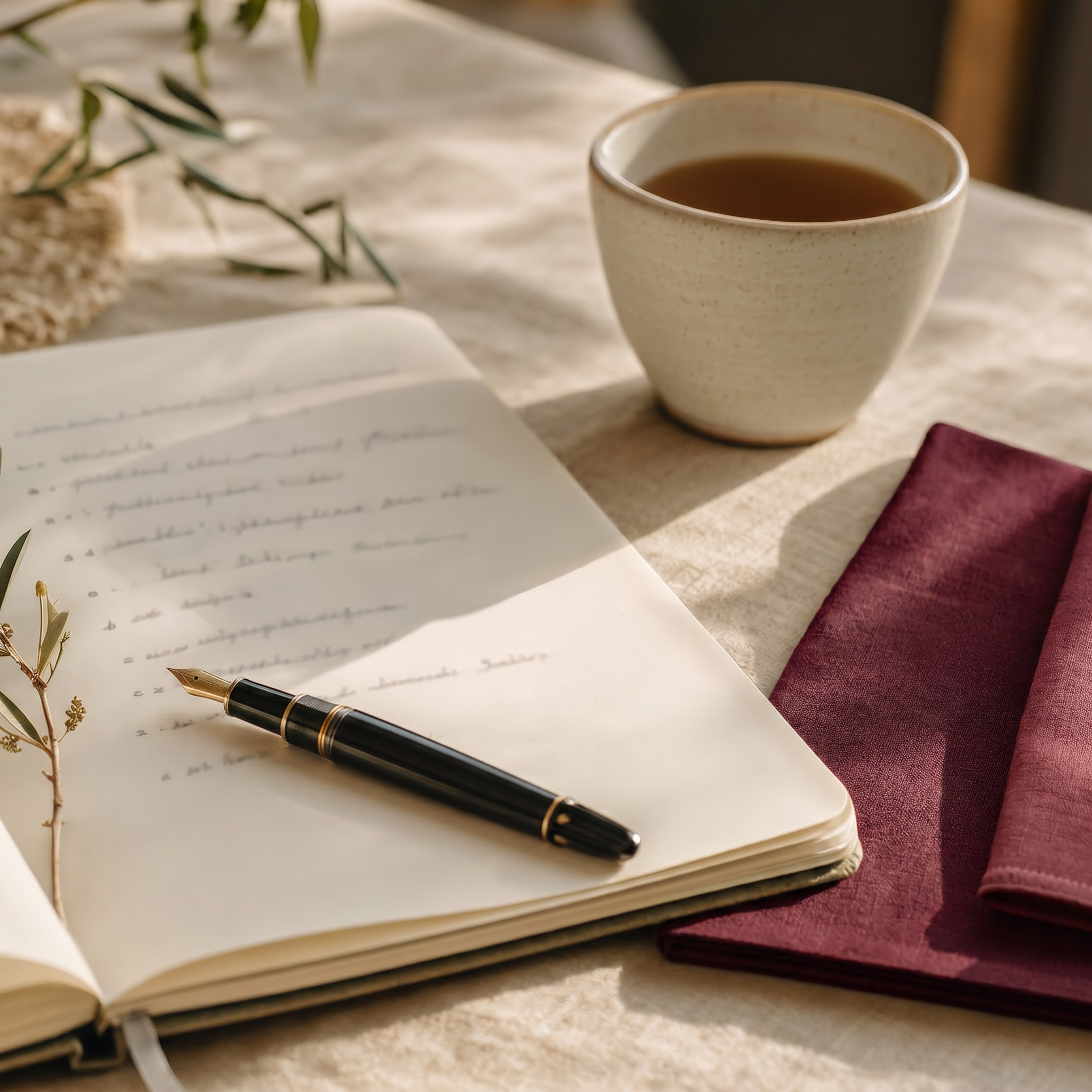 An open notebook with soft handwritten lines, a fountain pen resting on the page, a small olive sprig and a porcelain cup, with two folded maroon linen napkins laid side by side as if in conversation