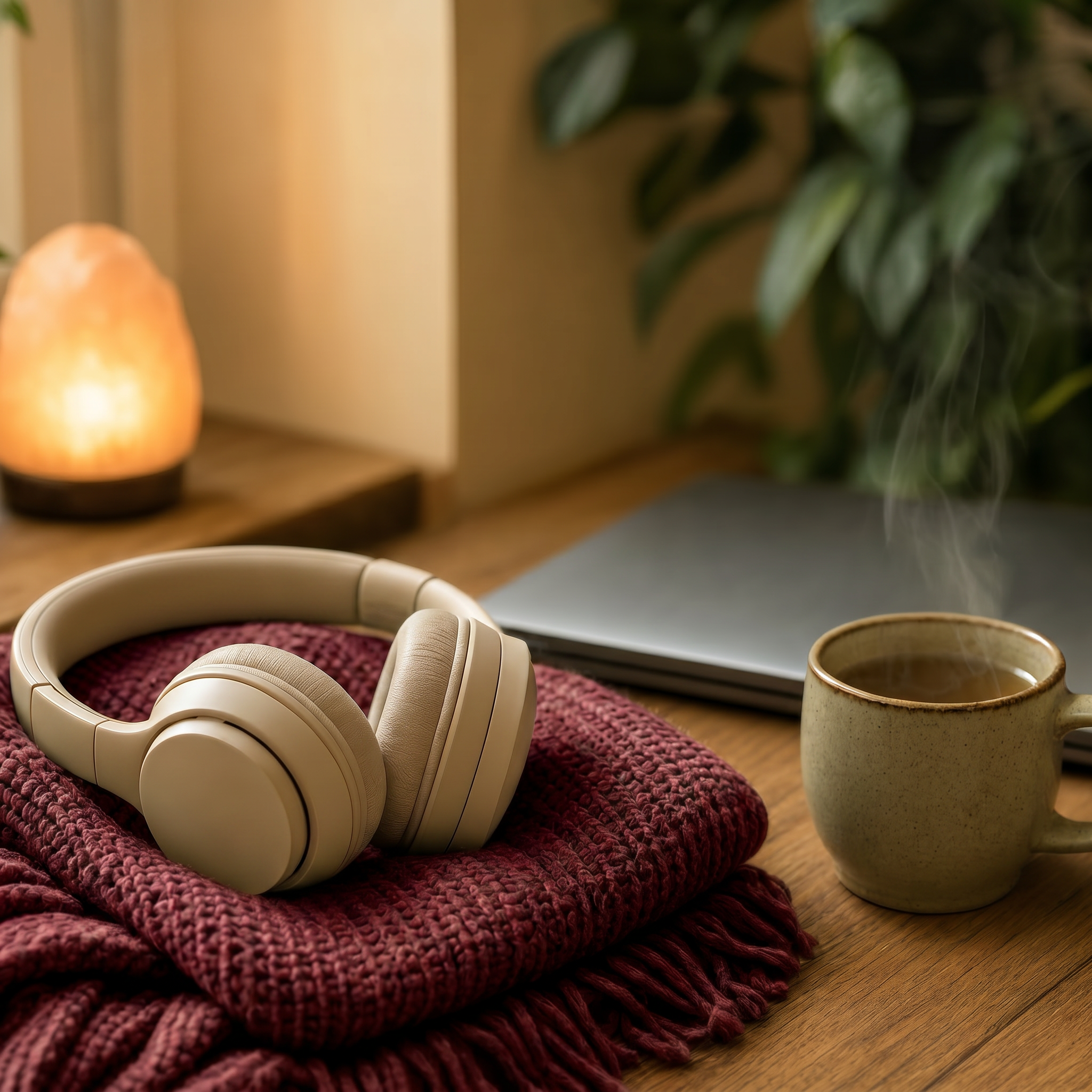Warm beige over-ear headphones resting on a folded maroon knit throw beside a closed laptop and a steaming mug
