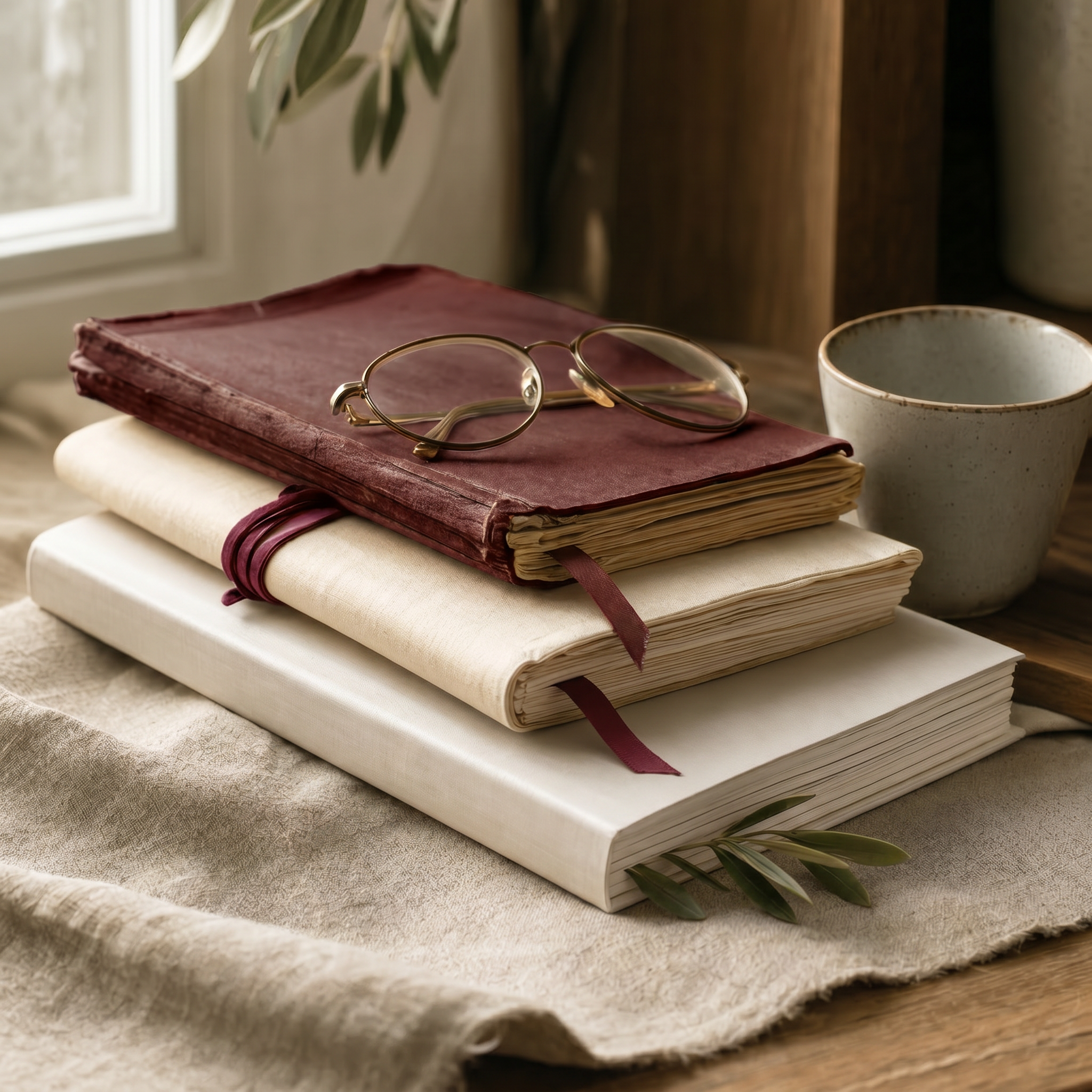 Three journals stacked in different stages of wear: an oxblood maroon leather-bound volume on top, a cream linen journal with a burgundy ribbon bookmark, and a nearly new cream journal with an olive sprig tucked between the pages, with a pair of reading glasses resting on top