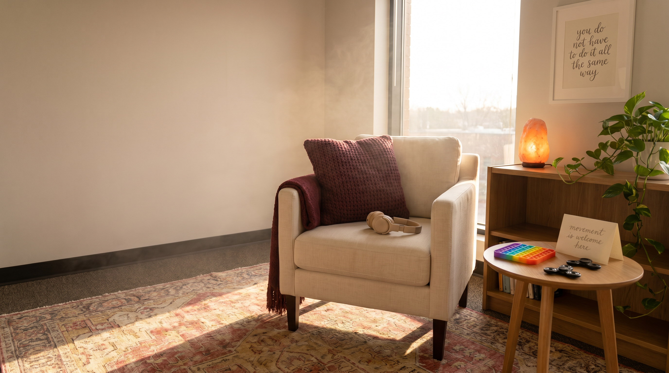 A quiet therapy space at golden hour: a cream linen armchair with a maroon knit throw and pillow, beige headphones resting on the seat, a small side table holding a rainbow pop-it fidget board and two fidget spinners next to a notecard reading 'movement is welcome here'. A wall print above the bookshelf reads 'you do not have to do it all the same way'.