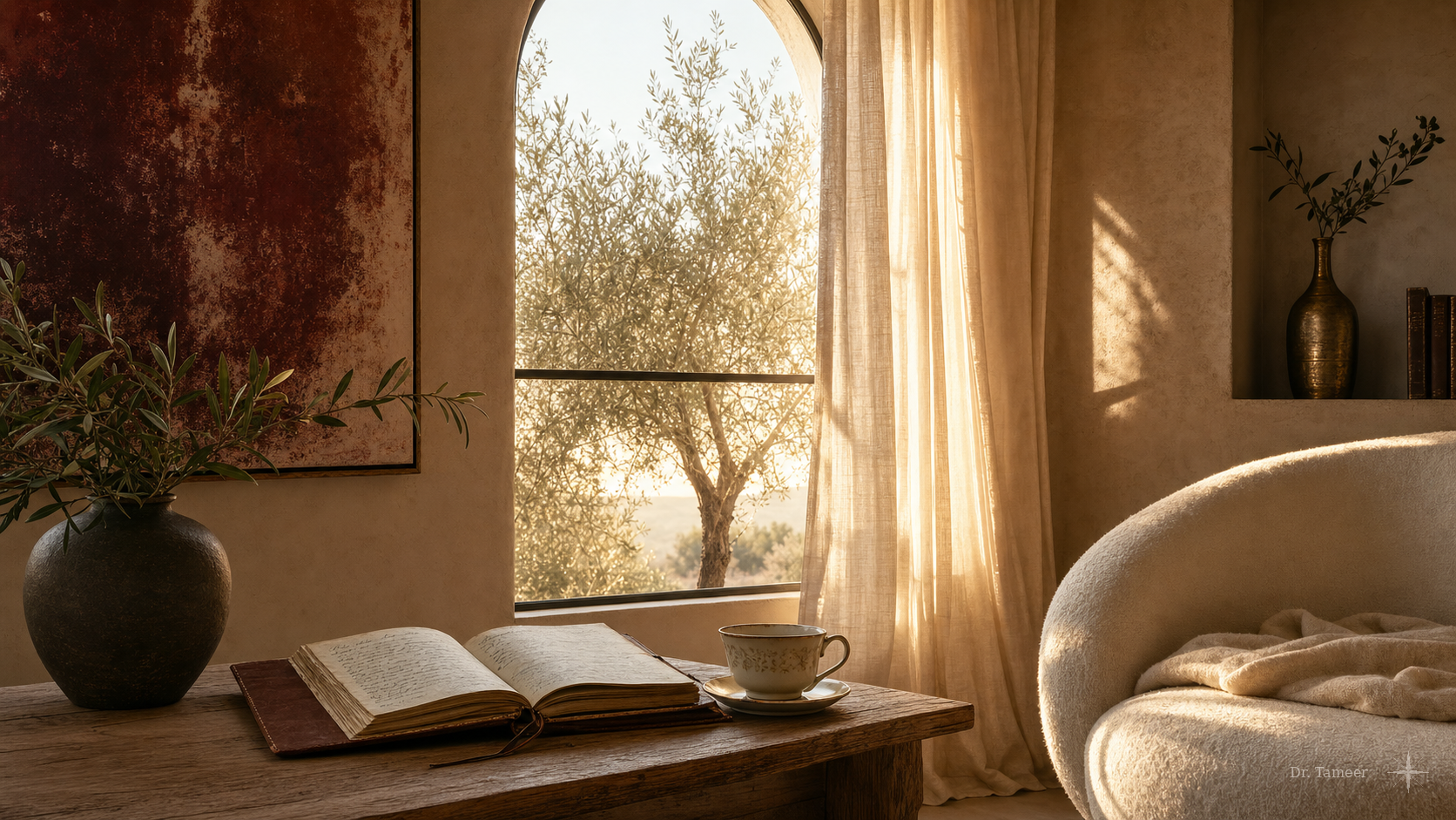 Golden morning light filtering through a sheer linen curtain into a quiet, considered space; an arched window opens onto an olive tree, with an open leather-bound journal and porcelain cup resting on a worn oak table