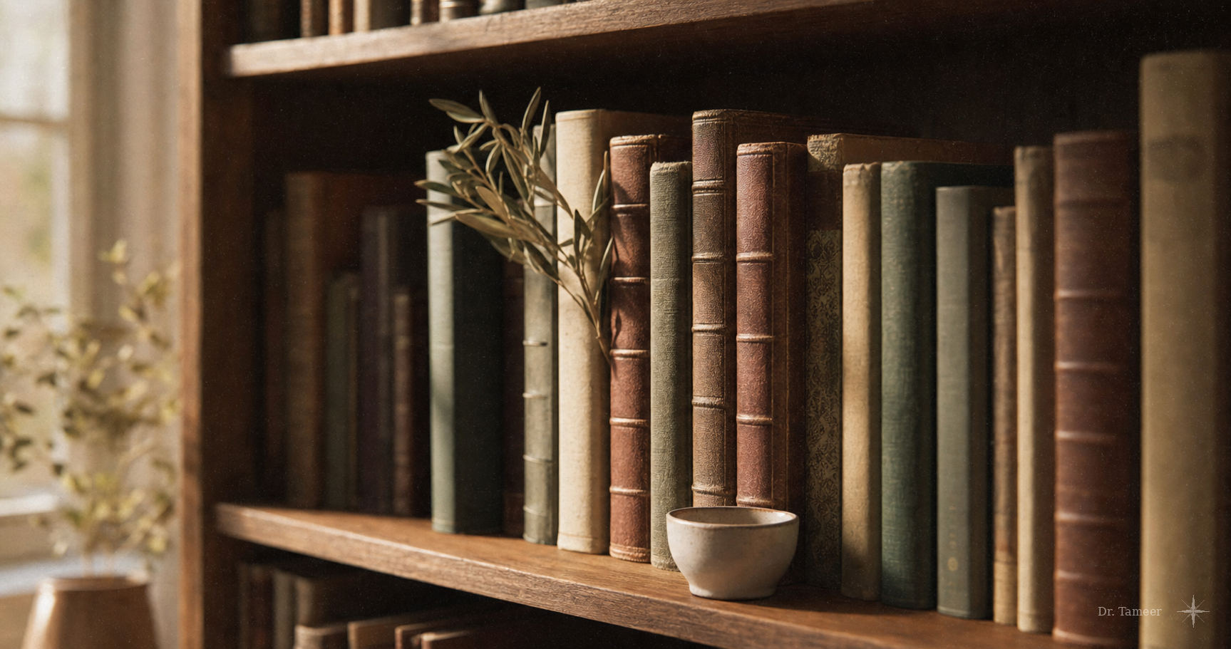 Warm-lit wooden bookshelf with cloth-bound and leather books in muted maroon, sage, and cream tones, with a small dried olive sprig and porcelain cup
